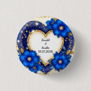 Eleganter blauer und goldener Herzrahmen Button