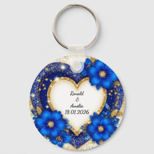 Eleganter blauer und goldener Herzrahmen Schlüsselanhänger