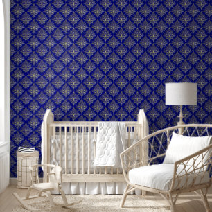 Eleganter blauer und goldener Lotus-Damaskus Tapete