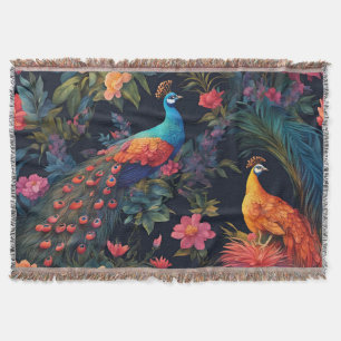 Eleganter blauer und goldener Pfau im farbenfrohen Decke