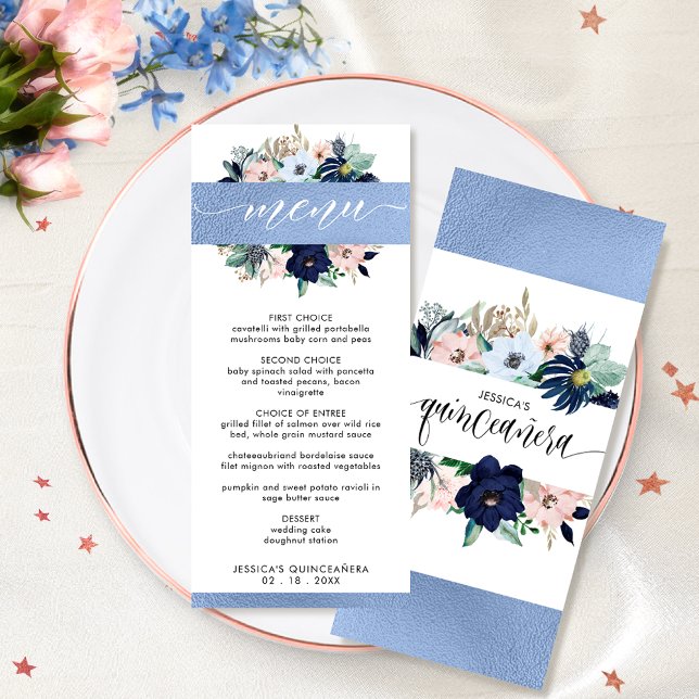 Eleganter Blauer und rosafarbener Blumenstrauß Qui Menükarte (Von Creator hochgeladen)