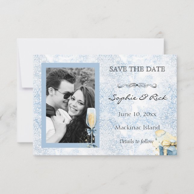 Eleganter Blauer und Weißer Champagner Save the Da Date (Vorderseite)