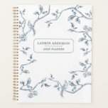 Eleganter, blauer und weißer französischer Kulturp Planer<br><div class="desc">Eleganter,  Personalisierter,  unmoderierter Planer mit blauen und weißen französischen Zackenvögeln auf einem weißen Hintergrund auf Baumzweigen</div>