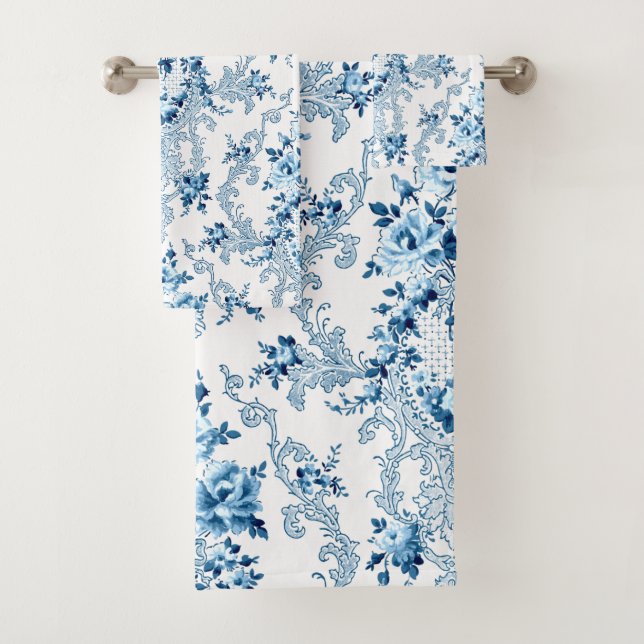 Eleganter blauer und weißer französischer Rokoko F Badhandtuch Set (Insitu)