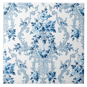 Eleganter, blauer und weißer Rokoko Floral Cerami Fliese