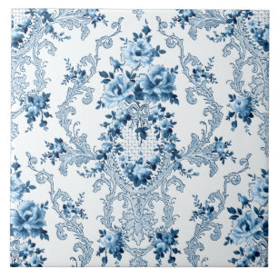 Eleganter, blauer und weißer Rokoko Floral Fliese