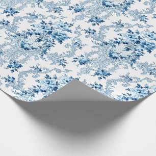 Eleganter, blauer und weißer Rokoko Floral  Geschenkpapier