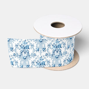 Eleganter, blauer und weißer Rokoko Floral Satinband