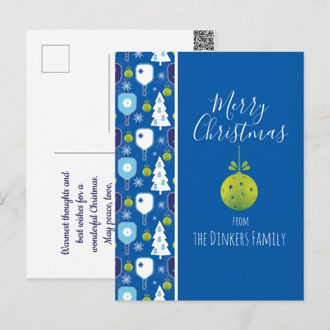 Eleganter, blauer und weißer Weihnachtspickleball Postkarte (Vorne/Hinten)