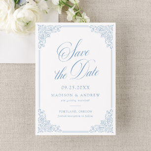 Eleganter blauer verzierter Rahmen Hochzeit im Vin Save The Date