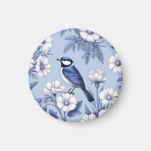 Eleganter blauer Vogel und weißes Blumenmuster Magnet