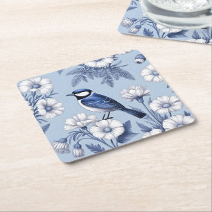 Eleganter blauer Vogel und weißes Blumenmuster Rechteckiger Pappuntersetzer