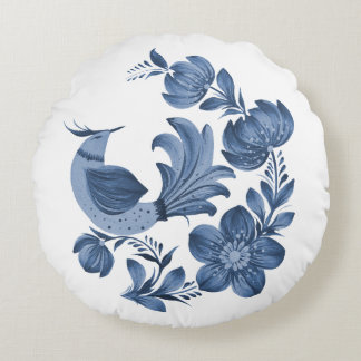 Eleganter blauer Volkskunst-Vogel und Blumendekor Rundes Kissen