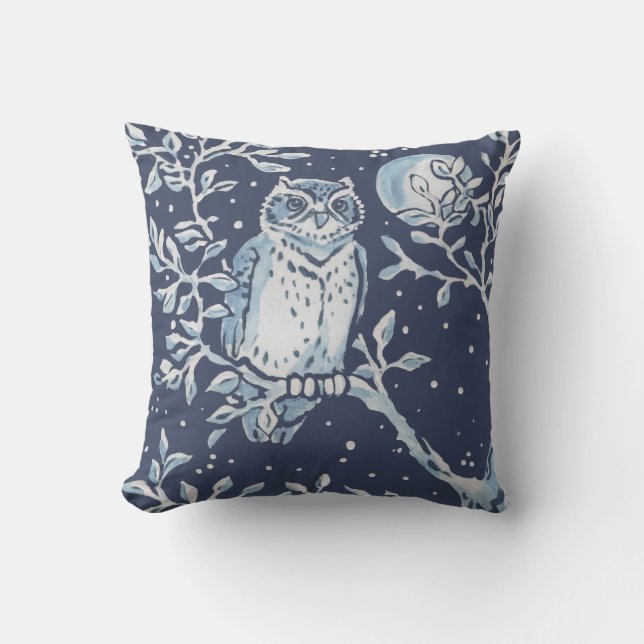 Eleganter Blauer Wald Owl Mond Kissen (Vorderseite)
