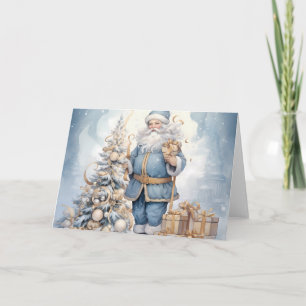 Eleganter blauer Weihnachtsmann mit Weihnachtsbaum Karte