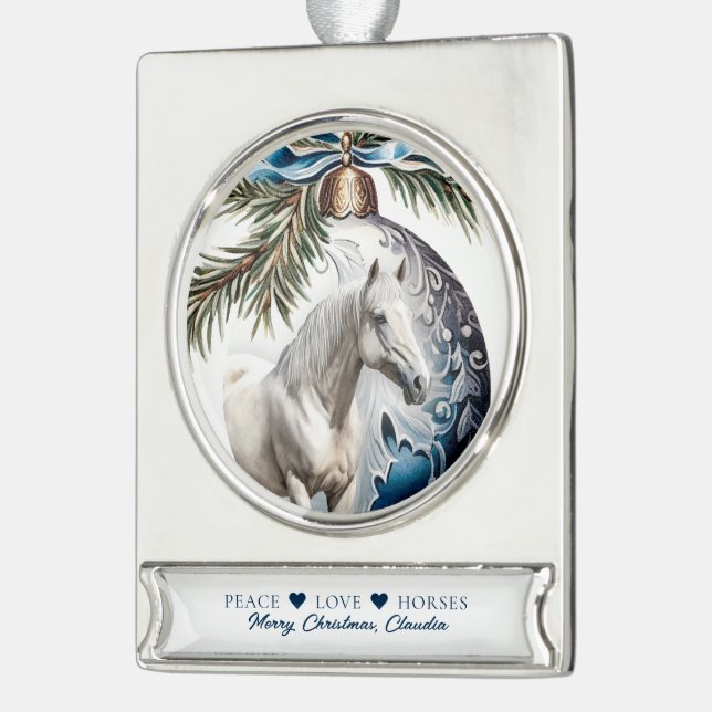 Eleganter, blauer Weihnachtspferd Banner-Ornament Silber (Links)