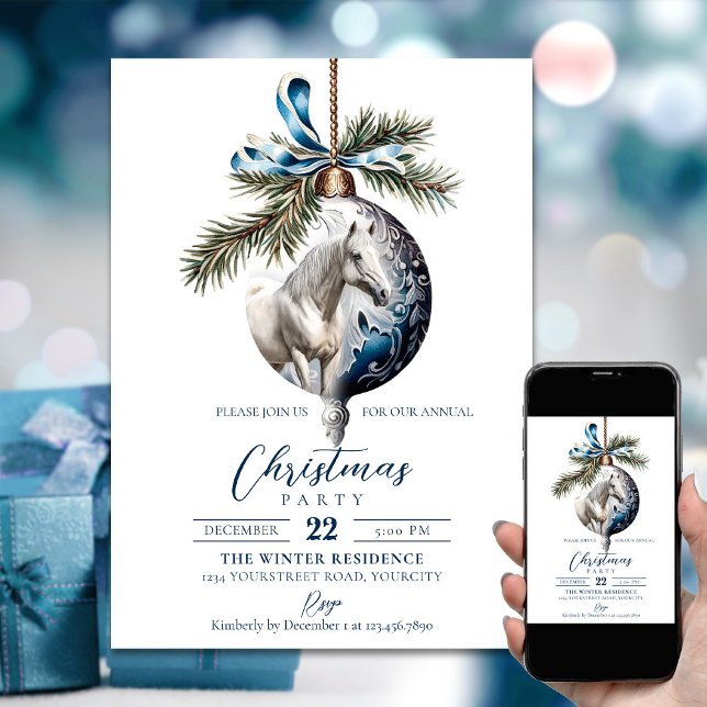 Eleganter, blauer Weihnachtspferd Einladung (Elegant blue Christmas white horse equestrian Invitation)