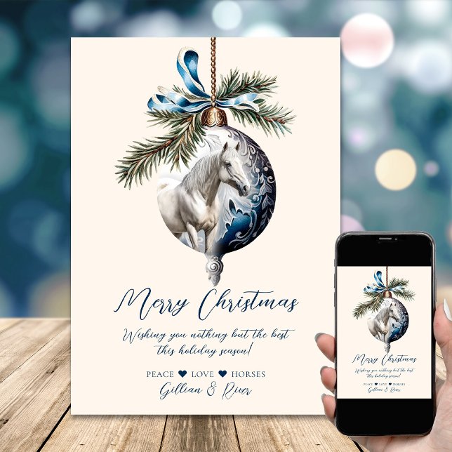Eleganter, blauer Weihnachtspferd Feiertagskarte (Elegant blue Christmas white horse equestrian Holiday Card)
