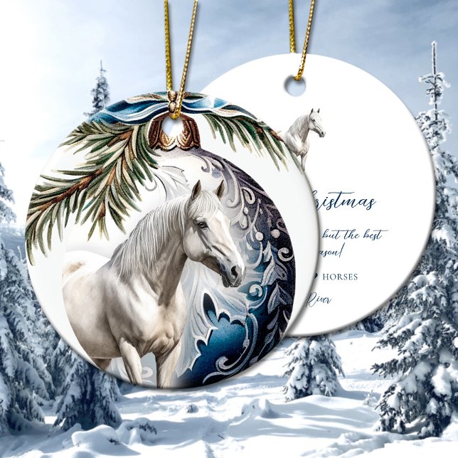 Eleganter, blauer Weihnachtspferd Keramik Ornament (Elegant blue Christmas white horse equestrian Ceramic Ornament)