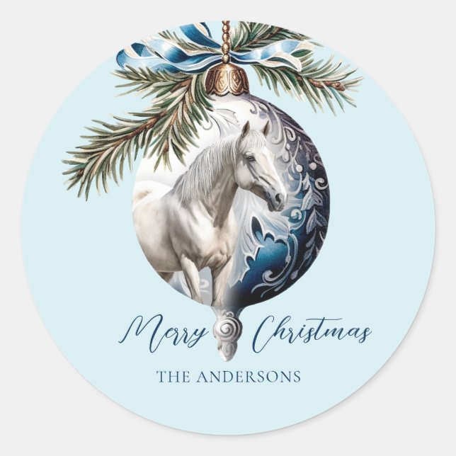 Eleganter, blauer Weihnachtspferd Runder Aufkleber (Vorderseite)