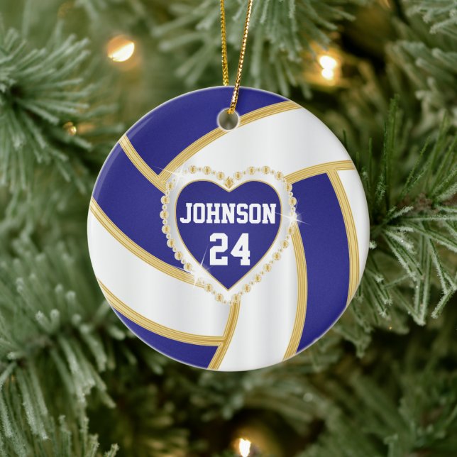 Eleganter Blauer, Weiß und Gold Volleyball Keramik Ornament (Baum)