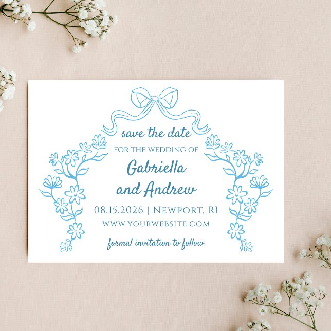 Eleganter blauer Whimsical Hand Drawn Chic Floral  Save The Date (Sophisticated classic blue floral save the date card with bow motif, perfect for elegant weddings.)
