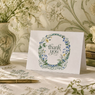 Eleganter blauer Wildblumen-Art-Nouveau-Kranz Dankeskarte