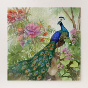 Eleganter Blaugrüner Pfau Rosa Blumen Wald