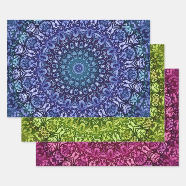 Eleganter blaugrüner und Lila BlumenDamast Geschenkpapier Set (Set)