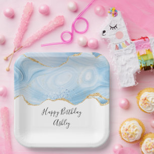 Eleganter Blue and Gold Agate Border Geburtstag Pappteller