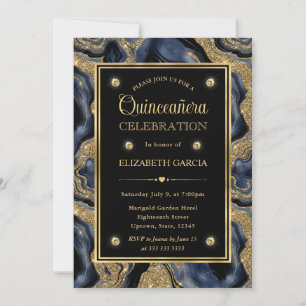 Eleganter Blue and Gold Glitzer Agate Quinceanera Einladung