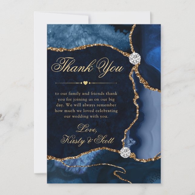 Eleganter Blue and Gold Glitzer Agate Wedding Dankeskarte (Vorderseite)