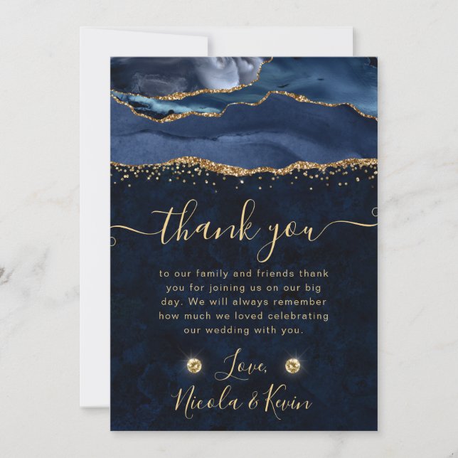 Eleganter Blue and Gold Glitzer Agate Wedding Dankeskarte (Vorderseite)