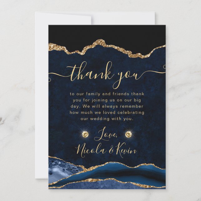 Eleganter Blue and Gold Glitzer Agate Wedding Dankeskarte (Vorderseite)