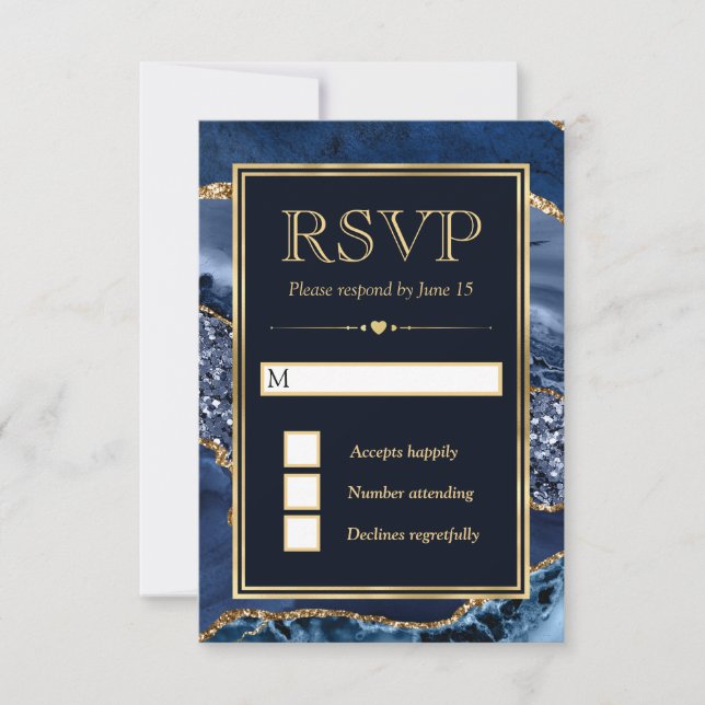 Eleganter Blue and Gold Glitzer Agate Wedding RSVP Karte (Vorderseite)