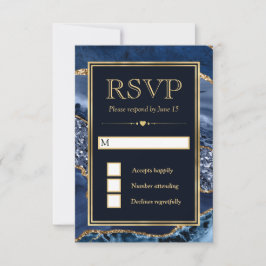 Eleganter Blue and Gold Glitzer Agate Wedding RSVP Karte