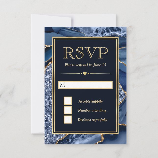 Eleganter Blue and Gold Glitzer Agate Wedding RSVP Karte (Vorderseite)
