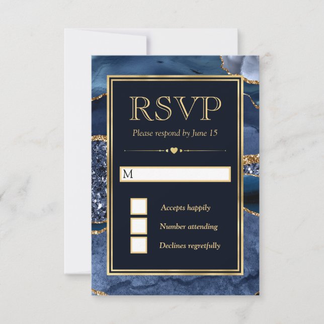 Eleganter Blue and Gold Glitzer Agate Wedding RSVP Karte (Vorderseite)