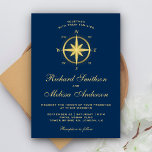 Eleganter Blue and Gold Nautical Compass Wedding Einladung<br><div class="desc">Die moderne Hochzeitsinie mit einem goldenen Kompass und eleganter Typografie vor marineblau-blauem Hintergrund lädt zum Verweilen ein. Fügen Sie einfach Ihre Veranstaltungsdetails zu dieser einfach zu bedienenden Vorlage hinzu, um sie zu einer einmaligen Einladung zu machen. Dreh die Karte auf, um ein Imitat mit Goldfolie auf der Kartenrückseite zu zeigen....</div>