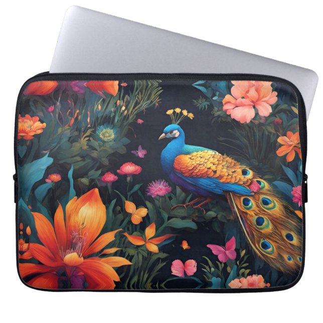 Eleganter Blue and Gold Pfau im Rosa Garten Laptopschutzhülle (Vorderseite)