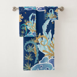 Eleganter Blue Aqua Türkis Gold Glitzer Badhandtuch Set