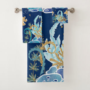 Eleganter Blue Aqua Türkis Gold Glitzer Badhandtuch Set