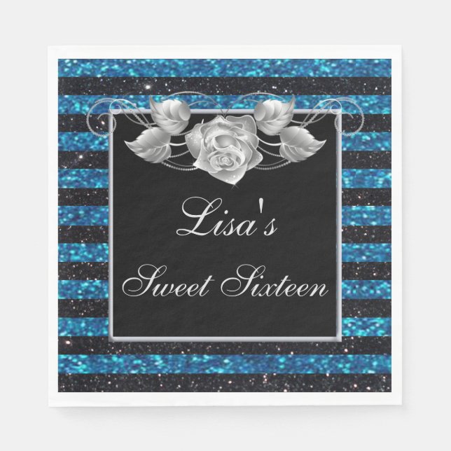 Eleganter Blue Black Glitzer Silver Rose Sweet 16 Serviette (Vorderseite)