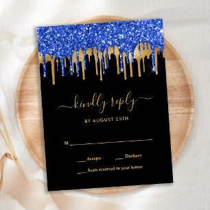 Eleganter Blue Black Gold Glitzer Tropfen Hochzeit Einladungspostkarte