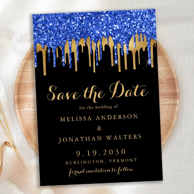 Eleganter Blue Black Gold Glitzer Tropfen Hochzeit Save The Date (Von Creator hochgeladen)
