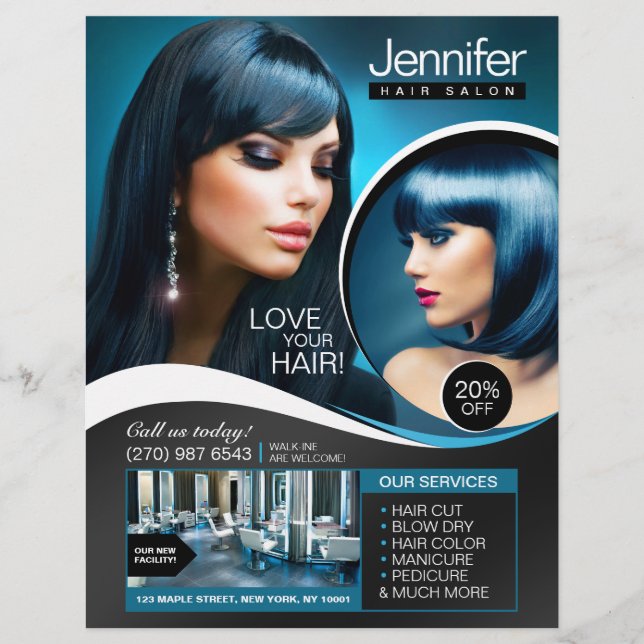 Eleganter Blue-Black-Hair-Salon Flyer (Vorne)