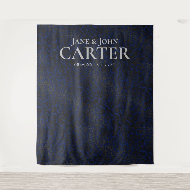 Eleganter Blue Black Leopard Print Wedding Hinterg Wandteppich (Vorderseite)