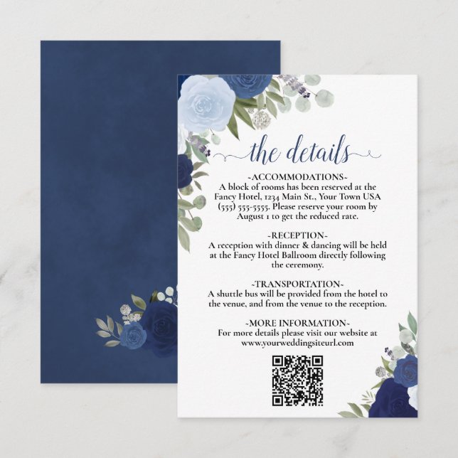 Eleganter Blue Boho Rose Hochzeitdetails QR-Code Begleitkarte (Vorne/Hinten)