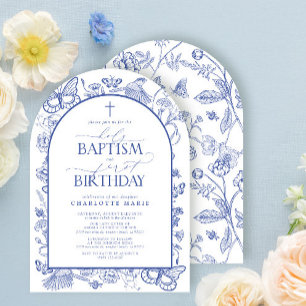Eleganter Blue Botanical Heilige Taufe & 1. Geburt Einladung
