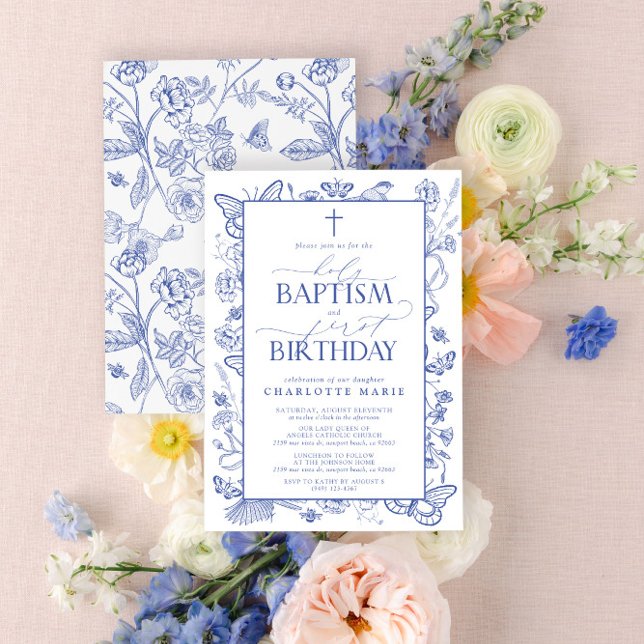 Eleganter Blue Botanical Heilige Taufe & 1. Geburt Einladung (Easily personalize this beautiful baptism and first birthday invitation with your personal details)